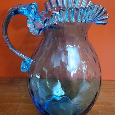 Blue Dimpled Ruffle Top Blown Glass Jug