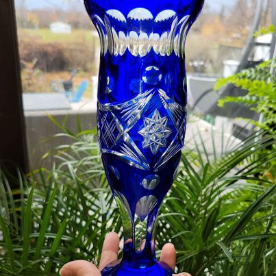 Bohemian Czech Cobalt Blue Cut to Clear Vase