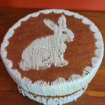 Porcupine Quill,Birch Bark Trinket Box w/ Rabbit Picture, Measures 4.25