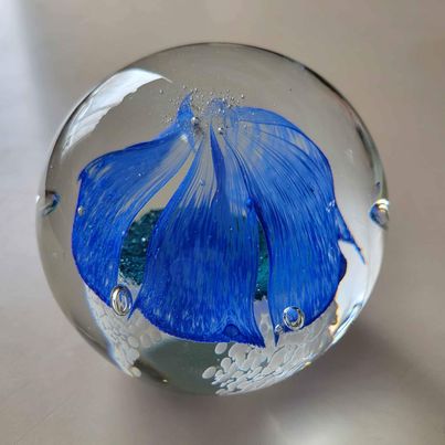 Vintage! Handcrafted Floppy Blue Bloom Art Glass Paperweight