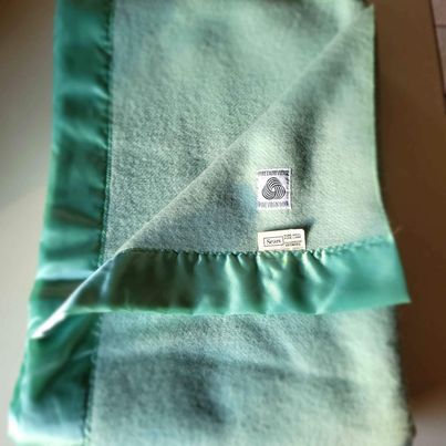 Beautiful! Vintage Sears Pure Virgin Wool Twin Blanket w/ Satin Trim in Mint Green