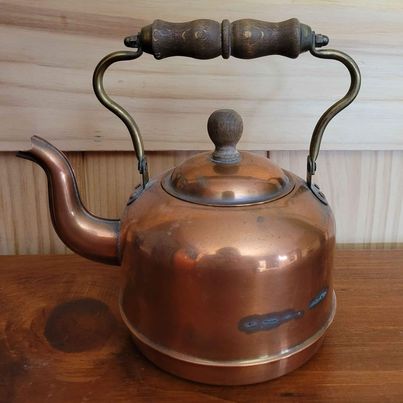 Vintage Copper Tea Kettle w/ Wooden Handle