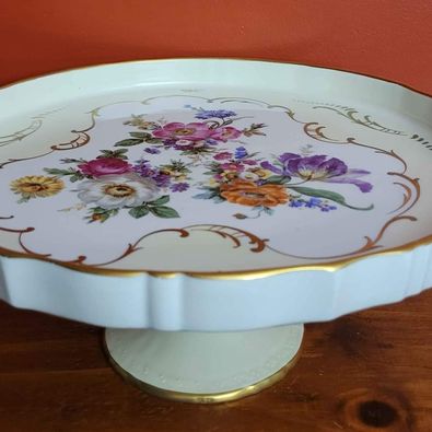 Porcelain Cake Stand w/Hand Painted Floral Design, Made in France