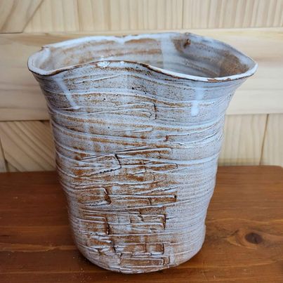 Studio Pottery Vase w/ a Wavy Top Edge & Geometric Design, Signed Bach