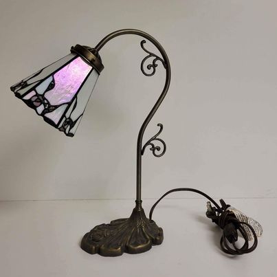 Tiffany Style Stained Glass Lamp w/ Irridescent Shade Curved, Bronze Tone Metal Base w/ Rose Design