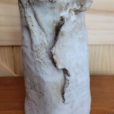 Unique Studio Pottery Vase w/ Imprints of Leaves Around Outside, Marked on Bottom