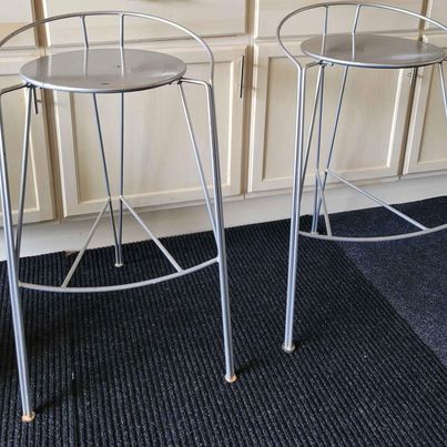 Pair of Gun Metal Grey Metal Stools w/ Round Seats & Low Backrests