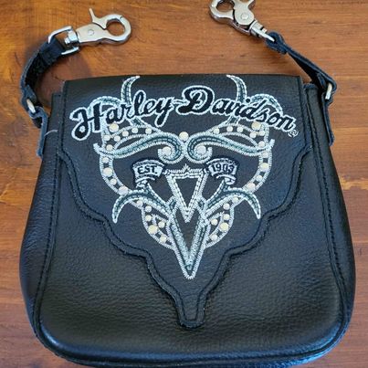 Harley Davidson Genuine Leather Embroidered Hip Belt Bag w/Lobster Claw Clips