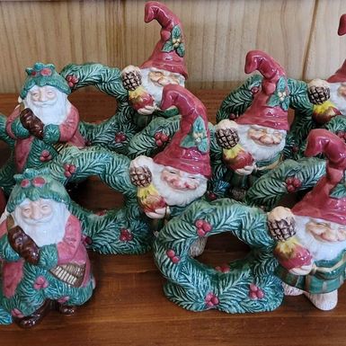 Vintage! Fitz & Floyd Christmas Elves & Santa with Wreath Napkin Rings