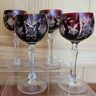 Bohemian Cut To Clear ,Grape Pattern, Deep Ruby Red, Wine Goblets. Four Goblets