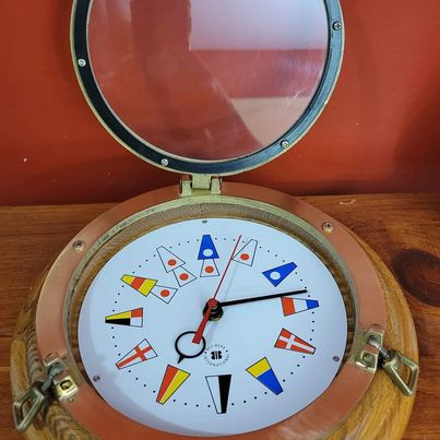 Bey Berk International Solid Brass Porthole Battery Operated Clock w/ Nautical Flags Clock Face