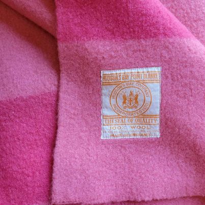 Awesome! Hudsons Bay 100% Wool, 4 Point (Double) Blanket in Rose w/ Stripe