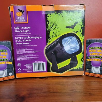 LED Thunder Strobe Light & Two Black Light Scary Light Bulbs