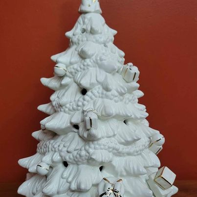 White Ceramic Candlelight Christmas Tree w/Gold Accents , Measures 12