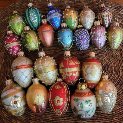 Beautiful! Feather Tree Miniature  Faberge Egg Inspired Blown Glass Christmas Tree Ornaments