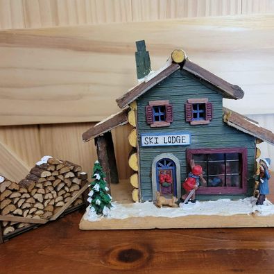 Decorative Ski Lodge w/ Wood Pile Light Up Village Piece