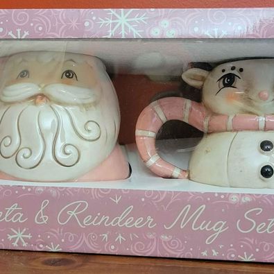 New in Box, Johanna Parker Santa & Reindeer Mug Set