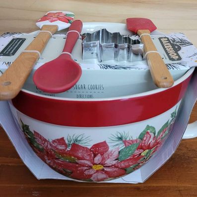 Bake Shop Batter Bowl w/ Poinsettia Comes w/ 2 Spatulas, Cookie Cutter & Spoon