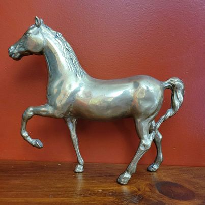 Mid Century, Heavy, Brass Prancing Horse Figurine, Approx 8.5