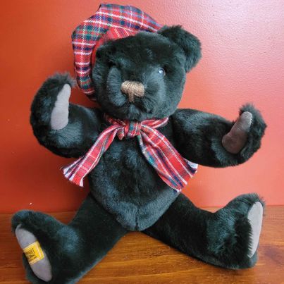 Merrythought Emerald Green Jointed Teddy Bear w/ Plaid Cap & Scarf