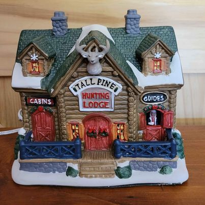 Country Charm Tall Pines Hunting Lodge, Porcelain,Lighted Village Building, Measures 7