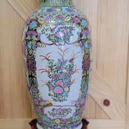 Beautiful! Asian Style Floor Vase on Wood Stand