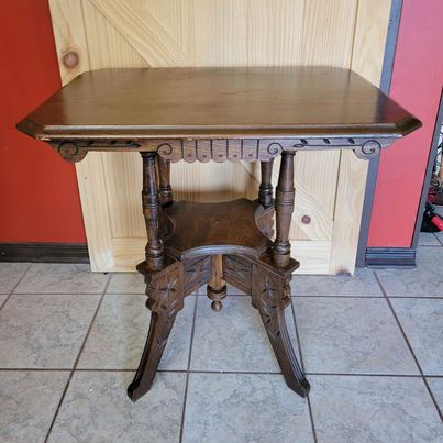 Rectangular Eastlake Parlor Table w/ Turned Legs & Carved Detail, Measures 30