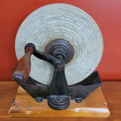 Antique Stone Grinding Wheel w/ Cast Metal Well