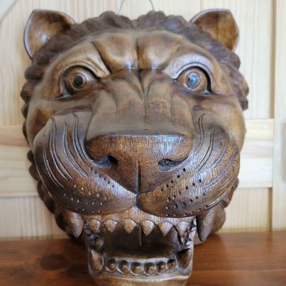 Large Gorgeous Carved Wood Lionhead Sculpture