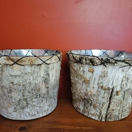 Tin Lined Buckets Which Are Covered W/ Birch Bark & Stitched Around the Top. (2pc)