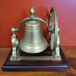 Vintage Brass Ships Bell W/ Desk Mount, Pulley Wheel