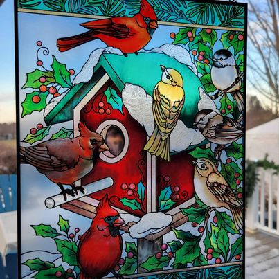 Stained Glass Panel w/ Birdhouse, Cardinals & Holly, 9