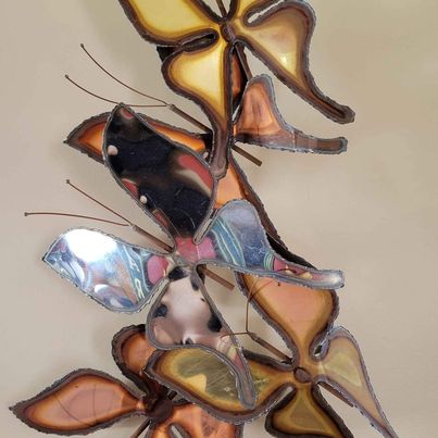 MCM Brutalist  Torch Cut Metal Wall Sculpture w/ Five Metal Butterflies, Measures 33