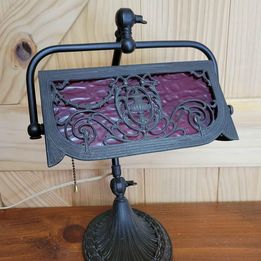 Cast Metal Articulating Desk/Piano Lamp w/ Red Glass Behind Ornately Designed Metal Shade