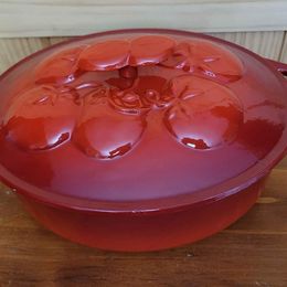 Technique Cast Iron Enamel Dutch Oven, Embossed Tomato Design on Lid