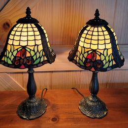 Pair of Tiffany Style Irridescent Stained Glass Lamps w/ Metal Lily Pad Base, 16