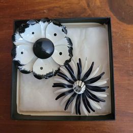 Black & White Metal Enamel West German Flower Brooches,2 Pce