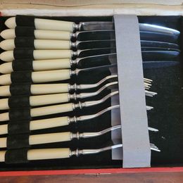 USSR Soviet Stainless Steel 12 Pce Set of Cutlery w/Faux Bone Handles