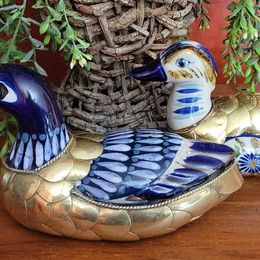 Pair of Vintage Tonala Mexico Hand Painted, Glazed Pottery Ducks Encased in Brass