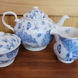 Port Meirion Botanic Blue Porcelain Teapot,Cream & Sugar