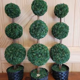 Three Artificial, Graduating, Three Ball Topiaries in Baskets. Measure 20.5