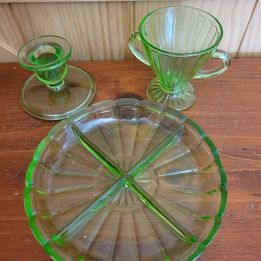 Uranium Green Glass Pickle Dish, Sugar Bowl & Candle Stick