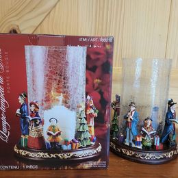 Hurricane Crackle Glass Candle Centerpiece w/ Christmas Caroller Base