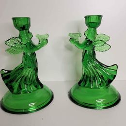 Green Glass Angel Candlestick Holders