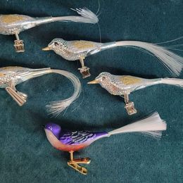 Metal Christmas Clip On Bird Christmas Tree Ornaments,4 Silver & 1 Old World Christmas Glass