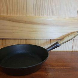 Brown Le Creuset #24 Skillet Cast Iron Enamel, Wood Handle, Made in France