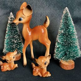 Adorable! Hard Plastic Mother Deer w/ Fawns & Two Sisal Trees, Made in Hong Kong