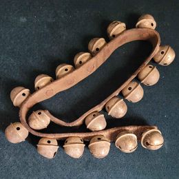 Antique! Brass Sleigh Bells on a Leather Strap, 19 Bells