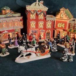 Lightup Ceramic Christmas Village & Accessories w/ Dept 56 Horse & Sleigh