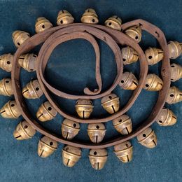 Antique! Brass Sleigh Bells On Leather Strapping